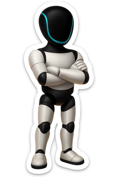 Create a fullbody Tesla robot emoji with the exact head from the reference image in the style of Apple emojis. The robot should have its arms crossed. The style should replicate the apple emoji style with smooth, colorful, and detailed features. sticker