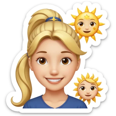 An Emoji of girl with ponytail, who can be described by three words: sun, moo, star sticker