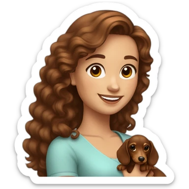 Young lady long curly brown hair smiling and brown eyes with long eyelashes and holding a dachshund  in her arms sticker