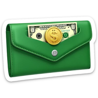 Rich emoji style green leather wallet with dollar bills, luxury money vibe, premium 3D emoji, ultra clean, high detail, no background sticker