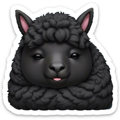 Meme-Worthy Cute Sleeping Black Alpaca Portrait Emoji, Head resting peacefully with a contented smile, showcasing a delightfully sturdy build and a luxuriously soft jet-black fleece, eyes shut in a serene nap, Simplified yet hilariously adorable features, highly detailed, glowing with a soft, drowsy light, high shine, relaxed and utterly lovable, stylized with an air of playful laziness, bright and heartwarming, soft glowing outline, capturing the essence of a comically sleepy alpaca, so meme-worthy it feels like it could instantly become the next viral sensation of adorable slumber! sticker