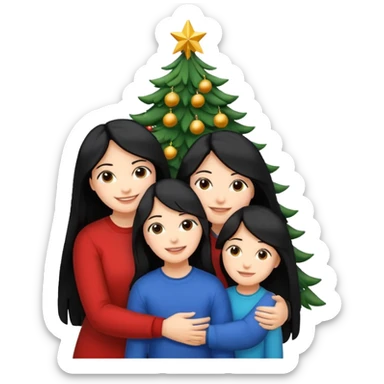 Generate Christmas-style emojis  family. Where light-skinned people stand near the tree all together, hugging and smiling. One girl should be light-skinned with black long hair. Add 4 people: Mother, Sister, Sister, Brother sticker