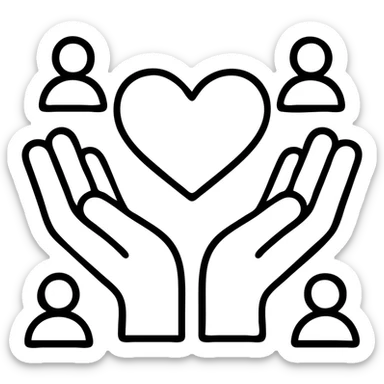 open hands forming a heart shape, surrounded by small people icons, clean outlined icon style, community of kindness sticker