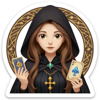 dark witch girl with long light brown hair and Tarot cards sticker