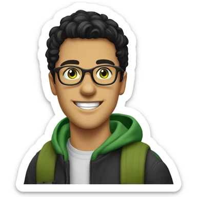 A young guy with black hair, wears glasses, has green eyes. He laughs in the center of the city of Skopje sticker