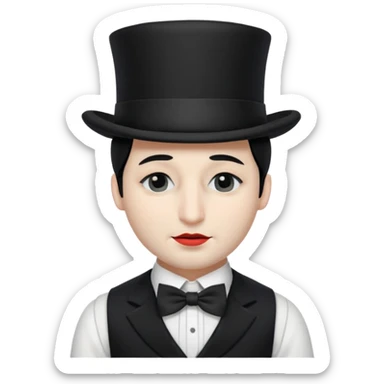 A french man with snow white skin, a black half mask with an eye hole, a black top hat, a black vest with a black tie tucked underneath, and a white collared shirt. Closed eyes. sticker