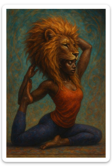 A Black woman in a yoga pose with a subtle lion mane framing her face, merging human and animal features in a graceful, empowering way. sticker
