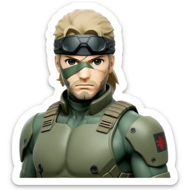 Cinematic Realistic Metal Gear Solid Snake Soldier Portrait, captured in a dynamic, battle-ready stance, muscles defined beneath intricately detailed combat gear in consistent muted greens, browns, and blacks. His determined eyes and rugged features, rendered with dramatic natural lighting and high shine, exude raw, unyielding power, epitomizing the fierce, relentless spirit of a covert operative in the midst of action. sticker
