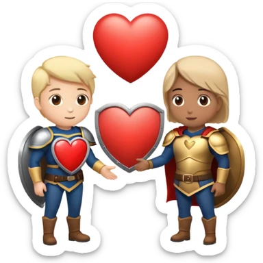 Two people facing each other with a speech bubble in between, one with a heart, the other with a shield, symbolizing authentic and firm communication. sticker