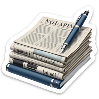 Create an emoji representing journalism and publicistic writing. The design should feature an open newspaper or a stack of articles with visible text columns, symbolizing opinion pieces and analysis. A classic fountain pen or ballpoint pen should be placed near the papers, indicating the act of writing. Optionally, include a small microphone or a press badge to emphasize investigative and journalistic aspects. Use neutral and professional colors like black, white, and muted blue or red. Do not include any emojis or smiley faces. Make the background transparent. sticker