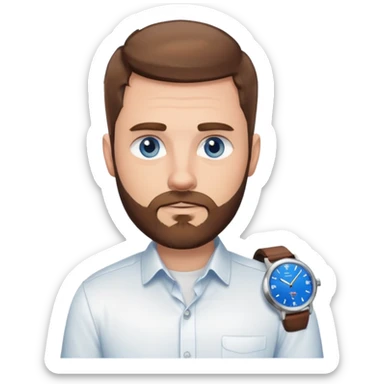 White man with brown hair blue eyes fade haircut with beard. Wearing white button down and silver watch sticker