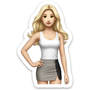 hyperrealist caucasian long blonde hair brown eyes woman white strap low cut tank top gray tight mini skirt black high heeled shoes full body sticker