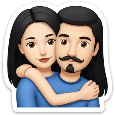 a white girl with long black hair, hugging a white guy with short brown hair goatee mustache sticker