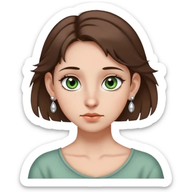 generate an icon of a girl with gray-green eyes and brown hair with pierced ears on one side five earrings on the other two also on the cheek the girl has a mole/ With all her emotion sticker