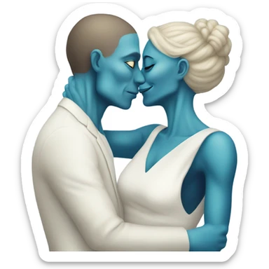 Alien reptilian woman in white dress hugs and kissing a normal white male human man in blue dress sticker