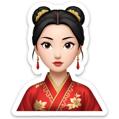 Cinematic Realistic Majestic Mulan Portrait, featuring finely rendered light skin with natural luminescence and expressive, determined eyes. Her black hair is styled with care into an elegant bun, and every fold of her traditional robe—adorned with subtle red motifs and refined gold trim—is depicted with intricate fabric detail. The scene is bathed in soft, natural light that enhances the depth and authenticity of the image, conveying a noble and serene aura that embodies timeless elegance and inner fortitude. sticker