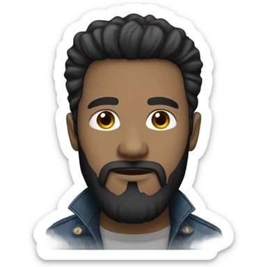 person with a black beard. Without mustache. No beard between nose and mouth. White skin tone. Nice black hair. Denim dark blue jacket sticker