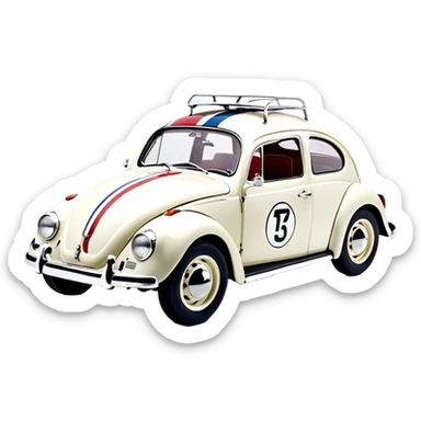Volkswagen Beetle Herbie, 1963 model, painted in VW L87 Pearl White. It features two racing stripes running from the hood, over the roof, and down the back, one blue and one red. The number 53 is displayed in black inside a white circle with black borders on the hood. The car has classic chrome bumpers, vintage-style black and yellow license plates, and a racing stance, emphasizing its iconic movie look sticker