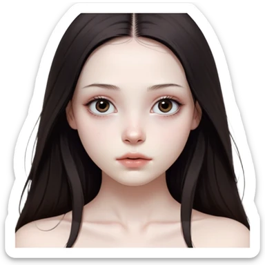 girl with white skin, dark brown long realistic straight hair with middle part prominently falling in front of her body over her shoulders, natural lips with absolutely no cupid's bow and no lip gloss or makeup, big round eyes with very black shiny eyeballs and natural eyelashes, no makeup whatsoever on face, no blush, no eyeshadow, completely bare face, lighter button nose, exceptionally elongated very long oval-shaped face, wearing a pink off-shoulder top, looking directly at camera with hands down at sides sticker