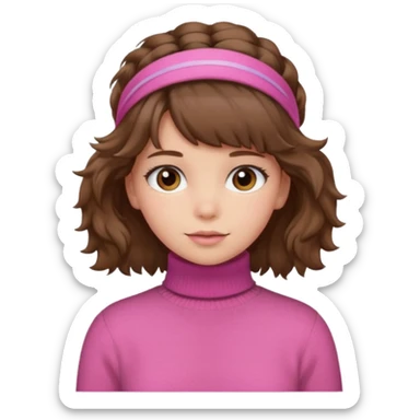 brown fluffy haired girl with pink turtleneck sweater and hair band sticker