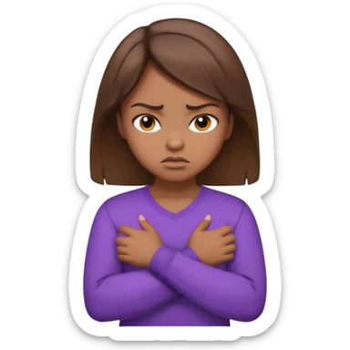 Girl with brown hair crossing arms in front of her chest and making an angry face with a purple longsleeve shirt on and be more pouty sticker