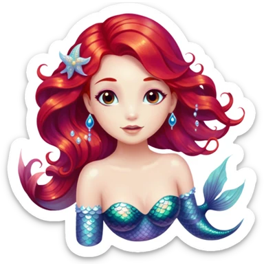 Cinematic Realistic Red Hair Mermaid Portrait, depicted with lifelike porcelain white skin that glows with an ethereal radiance, enhanced by soft underwater lighting. Her intricately detailed, flowing red hair cascades like liquid fire, framing deep, soulful eyes that mirror the mysteries of the deep sea. Accented by shimmering, iridescent scales and delicate aquatic embellishments, the portrait features an enchanting underwater glow that marries realism with mythic ocean elegance. sticker