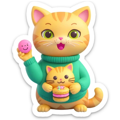 cute cat with big eyes, wearing a green sweater with yellow smiley faces and the word 'MEOWCARON', holding a pink macaron, soft and shiny, inspired by Apple iOS 3D emoji style sticker