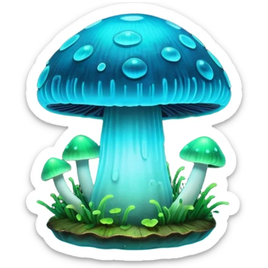 3D render of Glowing Mushroom, bioluminescent deep sea style, glowing neon blue and green lights, dark background to contrast the glow, translucent organic textures. sticker
