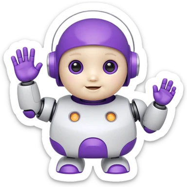 adorable baby robot, white body with purple accents, chubby cheeks, waving sticker