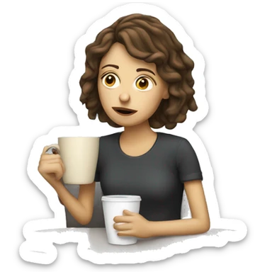 tired french girl with laptop drinking a lot of coffee sticker