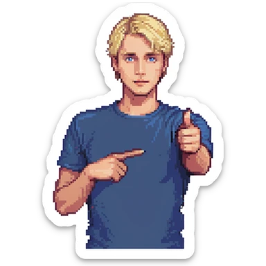 Flat pixel art, confident male leader, Caucasian, short neat blonde hair, sharp eyes, indigo T-shirt, one arm raised pointing out, waist-up, front-facing sticker