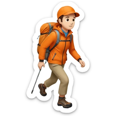 Hiker in orange jacket with backpack climbing mountain trail, minimalist design sticker