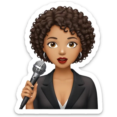 Black woman jazz singer, short curly hair, holding a microphone, singing sticker