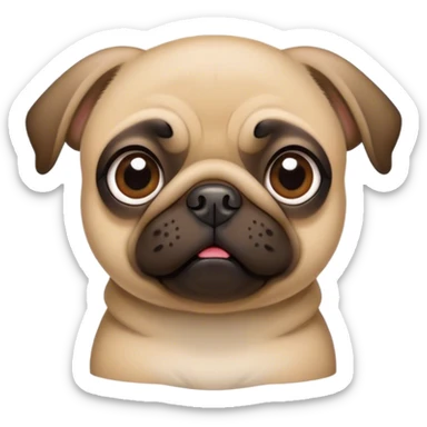 Cinematic Comical Fawn Pug Portrait Emoji, Head tilted dramatically with an exaggeratedly amused expression, featuring a glossy fawn coat with a smooth finish, wide, expressive dark eyes filled with playful disbelief, Simplified yet hilariously expressive features, highly detailed, glowing with a slightly sassy glow, high shine, dramatic yet playful, stylized with an air of cheeky mischief, bright and endearing, soft glowing outline, capturing the essence of a spirited and over-the-top companion, so meme-worthy it feels like it could side-eye its way into internet fame instantly! sticker