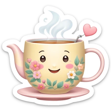 Cute Kawaii Tea Cup, steaming with warmth, a charming smiling face, soft pastel tones, delicate floral patterns, a tiny heart-shaped tea bag tag, cozy and inviting! sticker
