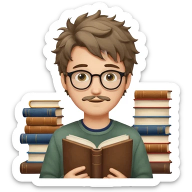 generate an ios genmoji of a fair 20 year guy with faint beard, spectacles, messy hair, books in hand sticker
