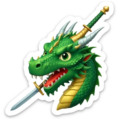 green dragon's head with sword embedded, defeated expression, conveying conquering a goal, WhatsApp emoji style sticker