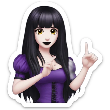 Elissabat -with bangs -long-hair-dark-plumpurple-and-black-vampire-goth-makeup-pinkeyes-romanticgothcloses-do a midele finger sticker