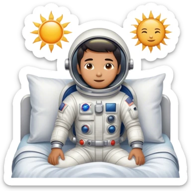 Asian man wearing in astronaut wakeup from the bed with sun sticker
