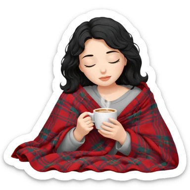 girl black hair wavy inside a blanket sipping coffee eyes closed sticker