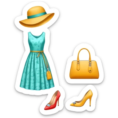 Icon for Fashion Design: a clothing pattern, a stylish hat, a bright dress, shoes, and a handbag, with measurements, a measuring tape, and a pencil. The icon should represent the creative and precise process of fashion design. Transparent background. sticker