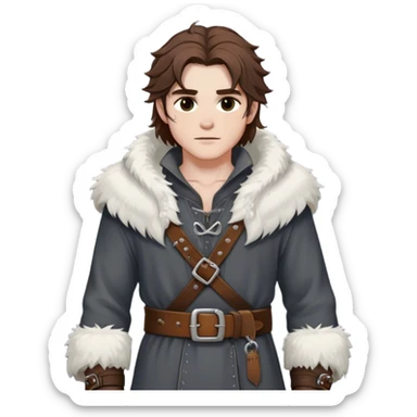 Medieval winter outfit worn by a DnD themed fantasy male character. Heavy slate gray wool tunic with wolf fur trim, featuring carved bone toggles and a wide leather belt with iron buckle. Clothes only above the waist, full waist coverage. The character has no arms. Character is white-skinned with dark copper hair, hazel eyes, and medium-length tousled hair with snow-touched strands. sticker