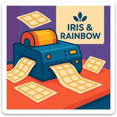 Change the background color behind the 'Iris & Rainbow' logo to purple. Do not add a rainbow to the logo. Keep the rest of the scene the same: a busy label printer in action, sheets of labels coming out, stylish logo. sticker