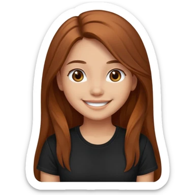 Medium copper brown long hair girl with dark brown eyes wearing a black tee sticker
