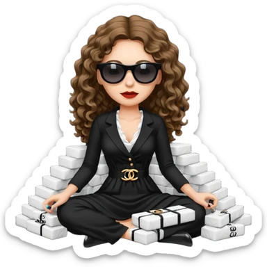 Female drug boss with long curly brown hair,  sitting on a pile of cocaine, sunglasses on and wearing black low cut long Chanel dress sticker