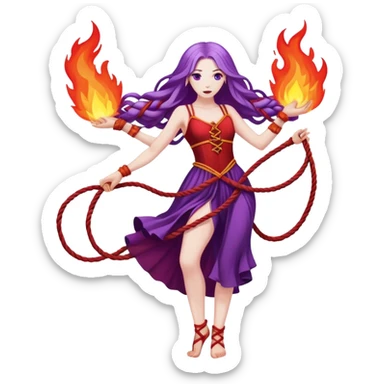 Full body two ropes on fire dance performer pale skin with long purple hair red dress sticker