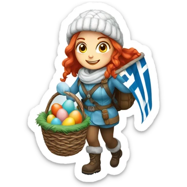 Female winter mountaineer red hair white skin climbing with Greek Flag and Easter eggs basket sticker