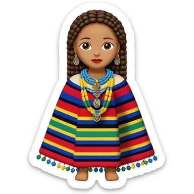 Traditional Ndebele doll standing, colorful beaded jewelry, layered necklaces, patterned blankets, cylindrical body, round head, bright colors blue red yellow green white black, classic Apple emoji style sticker