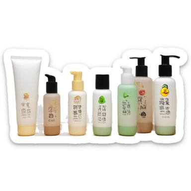 korean skincare bottles standing on wooden bathroom tray sticker