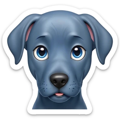 Cinematic Cute Blue Great Dane Portrait Emoji, Head tilted playfully and inquisitively, featuring a glossy blue Fur with a refined sheen, round, sparkling steel-blue eyes filled with curiosity, Simplified yet irresistibly adorable features, highly detailed, glowing with a warm, friendly glow, high shine, affectionate and gentle, stylized with a touch of whimsy, bright and endearing, soft glowing outline, capturing the essence of a mischievous yet loving pup, so playful it feels like it could lumber out of the screen and into your arms! sticker